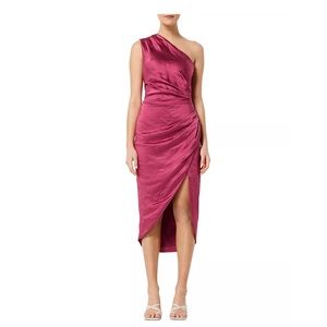ELLIATT Cassini One Shoulder Ruched Satin Asymmetric Dress in Burgundy.